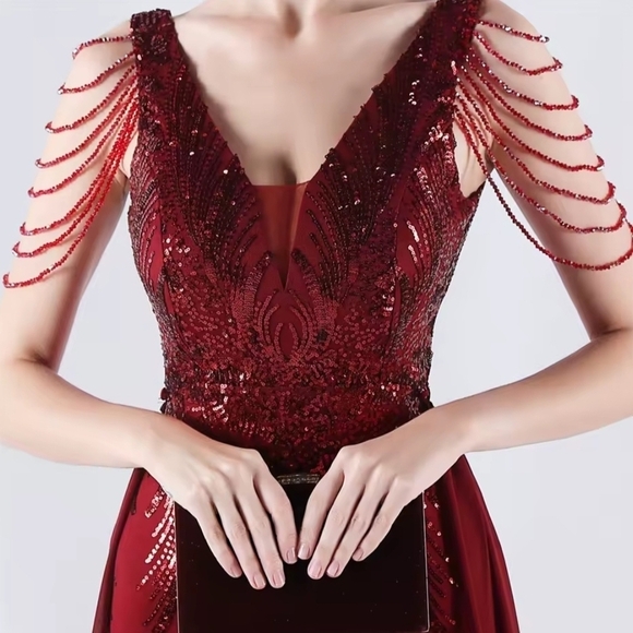 Red Sequin Backless V-Neck Gown - Picture 7 of 10